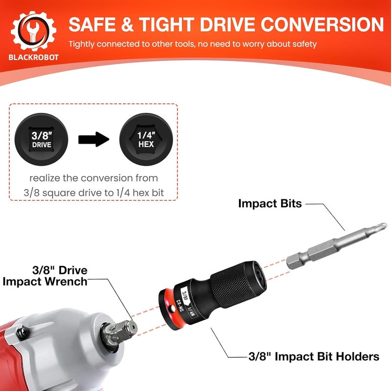 BLACKROBOT 2PCS Quick Release Impact Bit Holders 3/8-Inch Square Drive to 1/4-Inch Hex Socket Adapter, CR-MO Steel, Red - Image 4